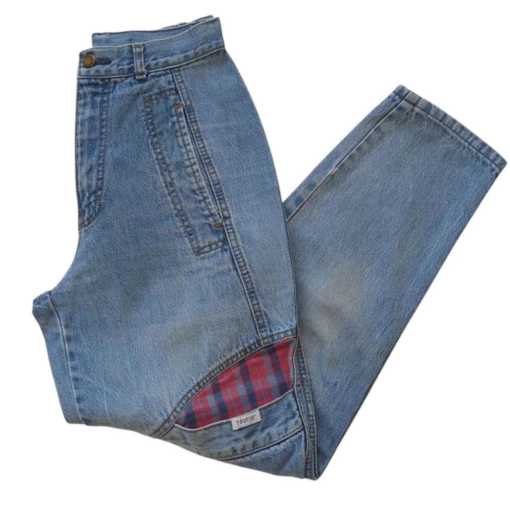 Vintage Touche' High-Waisted Mom Jeans Junior 5 Blue Red Plaid Y2K Denim
